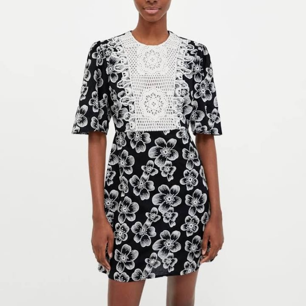 Zara Black & White Embroidered Floral Dress Size S